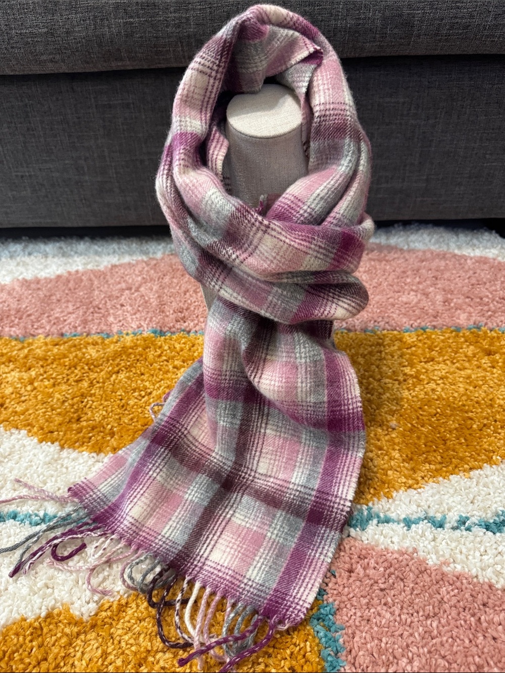 Nordstrom 100% Cashmere Plaid Fringe Scarf Pink Plum Gray